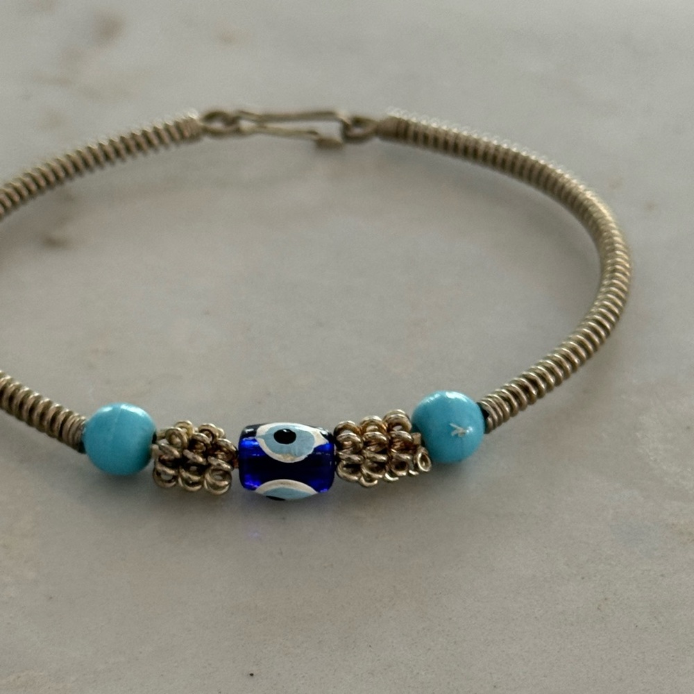 Vintage Silver Coil Bracelet with Blue Evil Eye & Turquoise Beads - Picture 4 of 7